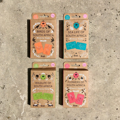 Boxes of Memory Card Games featuring Indigenous plants, birds and animals of South Africa