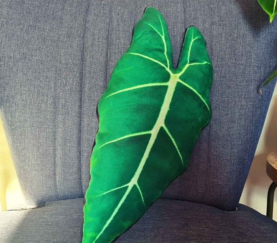 Handmade elongated green throw leaf pillow