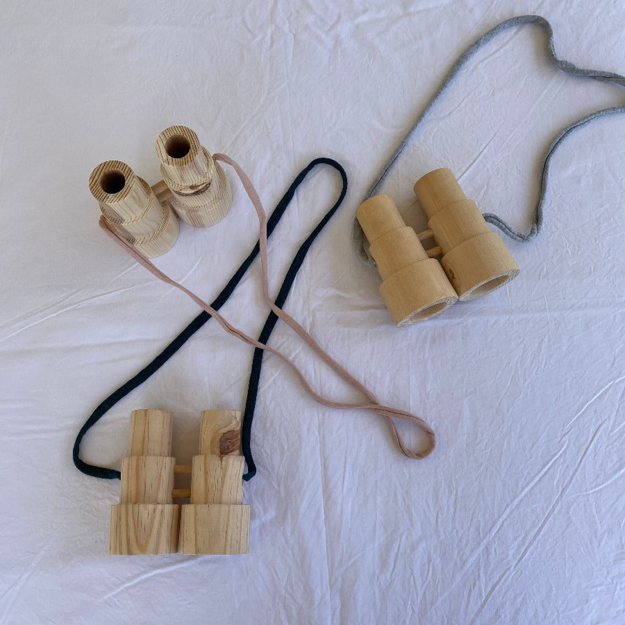 wooden binoculars, cotton strap